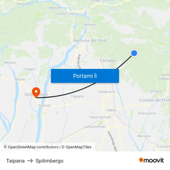 Taipana to Spilimbergo map