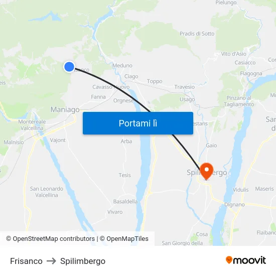Frisanco to Spilimbergo map