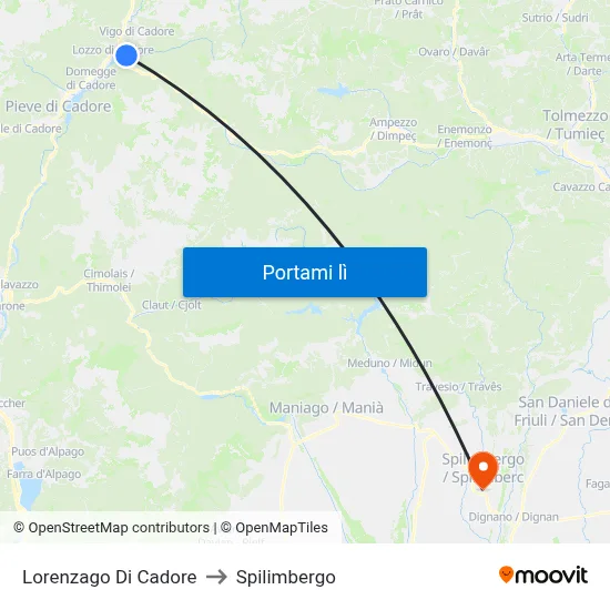 Lorenzago Di Cadore to Spilimbergo map