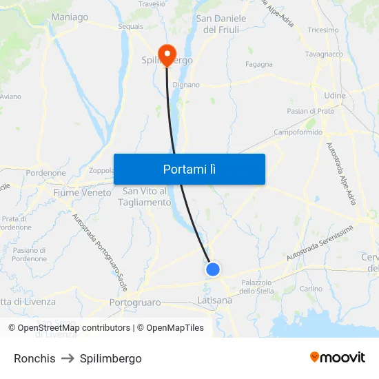Ronchis to Spilimbergo map