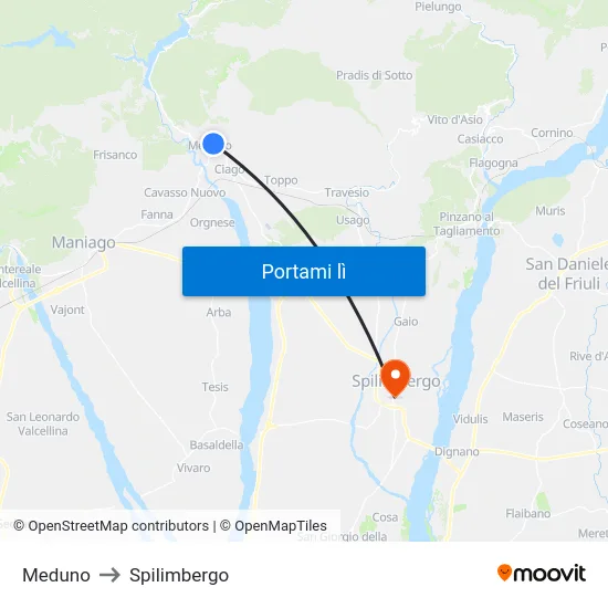 Meduno to Spilimbergo map
