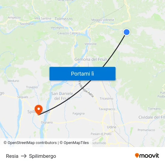 Resia to Spilimbergo map