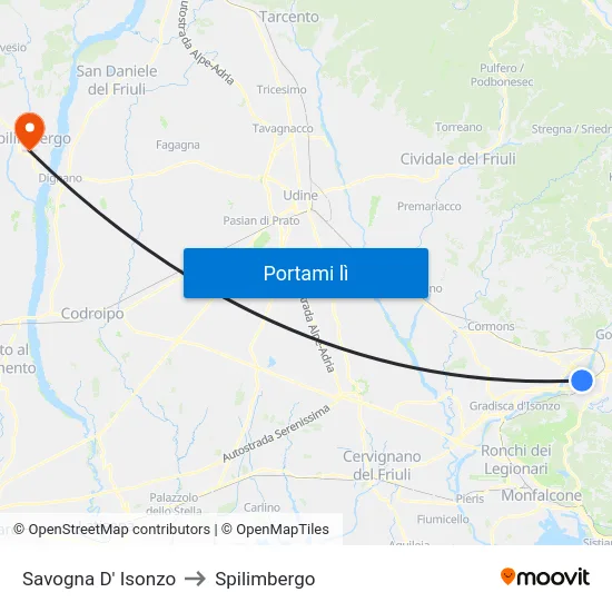 Savogna D' Isonzo to Spilimbergo map