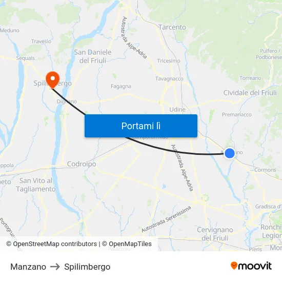 Manzano to Spilimbergo map