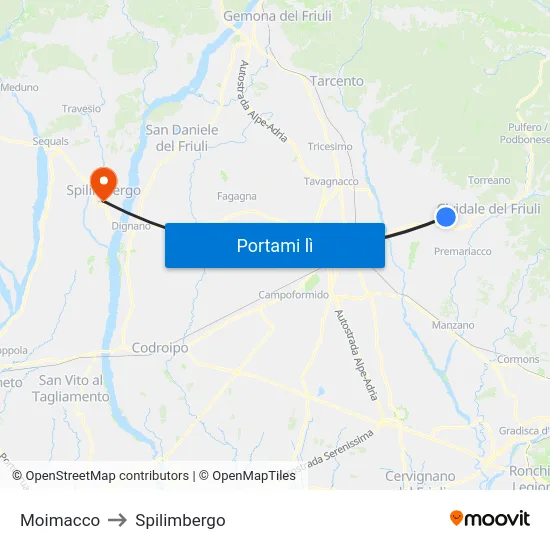 Moimacco to Spilimbergo map