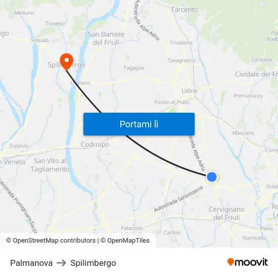 Palmanova to Spilimbergo map