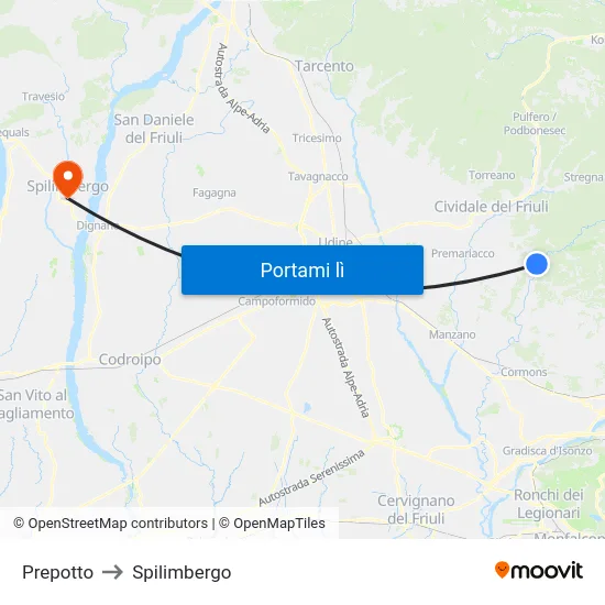 Prepotto to Spilimbergo map