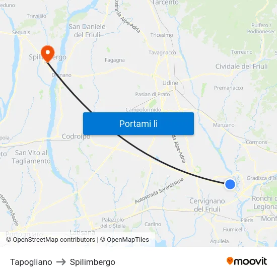 Tapogliano to Spilimbergo map