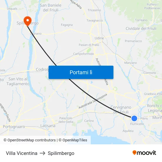 Villa Vicentina to Spilimbergo map