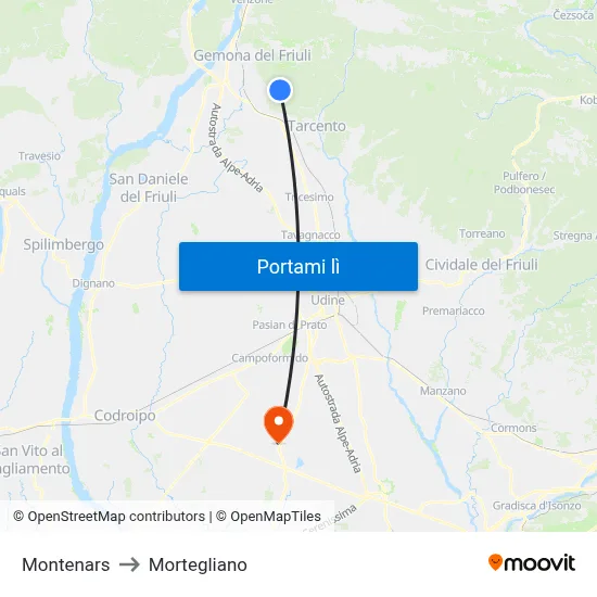Montenars to Mortegliano map