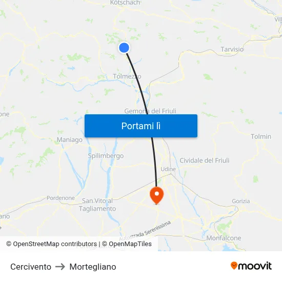 Cercivento to Mortegliano map