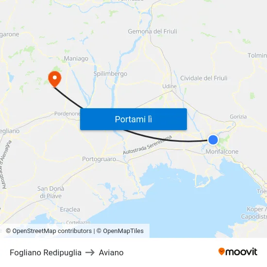 Fogliano Redipuglia to Aviano map