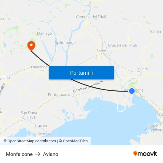 Monfalcone to Aviano map