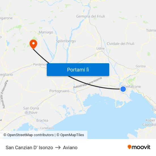 San Canzian D' Isonzo to Aviano map