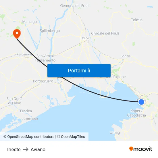 Trieste to Aviano map