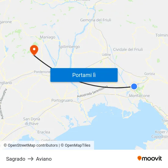 Sagrado to Aviano map