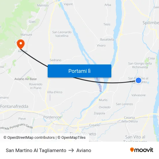 San Martino Al Tagliamento to Aviano map