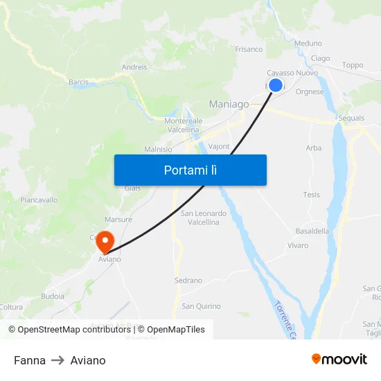 Fanna to Aviano map