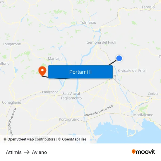 Attimis to Aviano map
