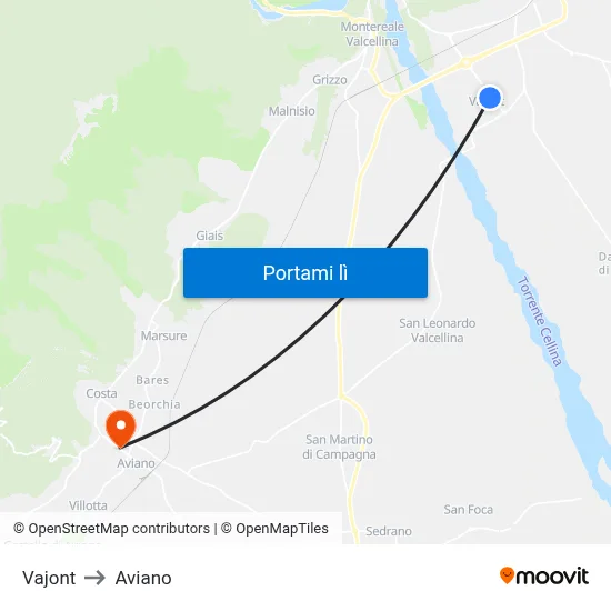 Vajont to Aviano map
