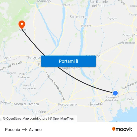 Pocenia to Aviano map