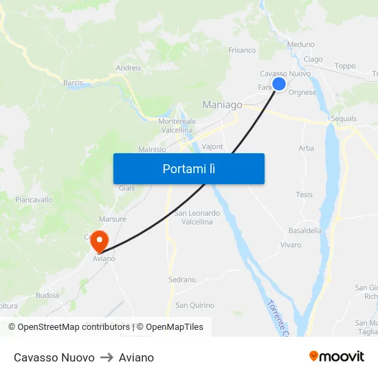 Cavasso Nuovo to Aviano map