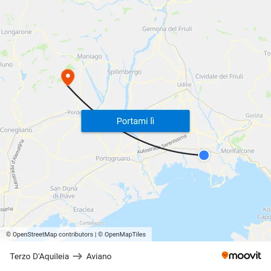 Terzo D'Aquileia to Aviano map