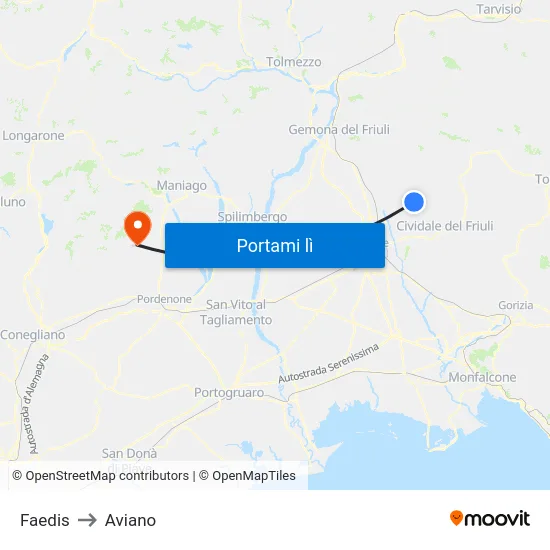 Faedis to Aviano map