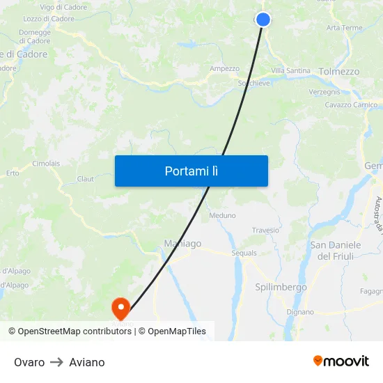 Ovaro to Aviano map