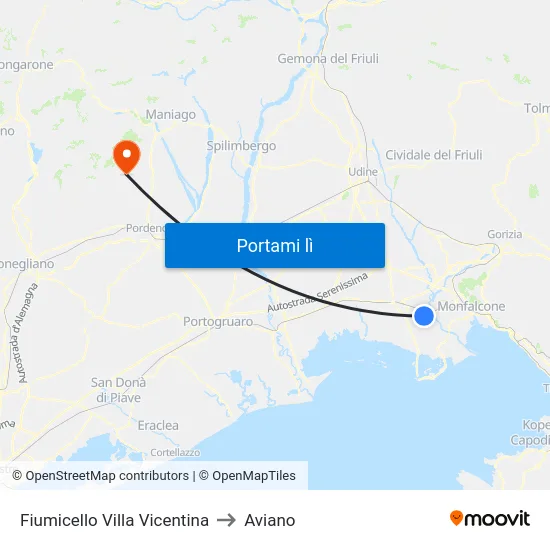 Fiumicello Villa Vicentina to Aviano map
