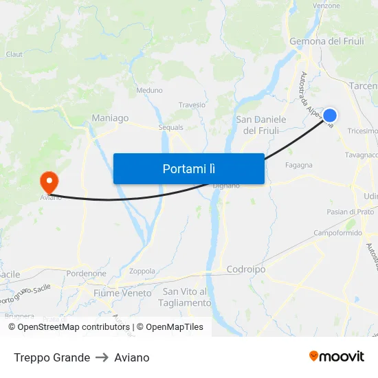 Treppo Grande to Aviano map
