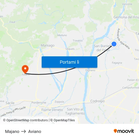 Majano to Aviano map