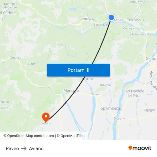 Raveo to Aviano map