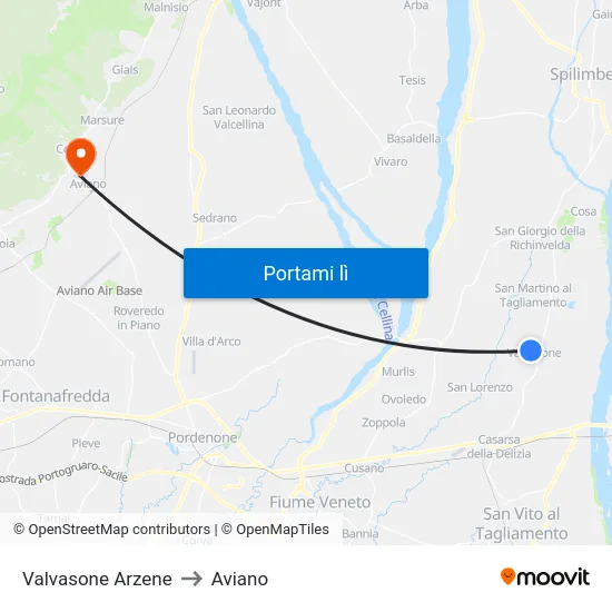 Valvasone Arzene to Aviano map