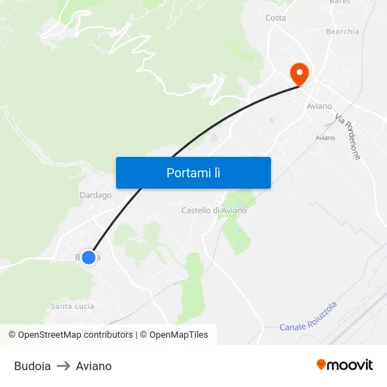 Budoia to Aviano map