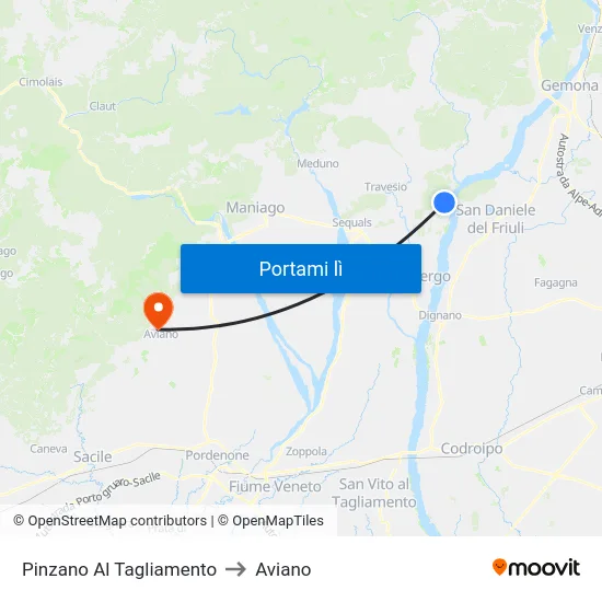 Pinzano Al Tagliamento to Aviano map