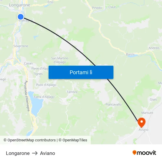 Longarone to Aviano map