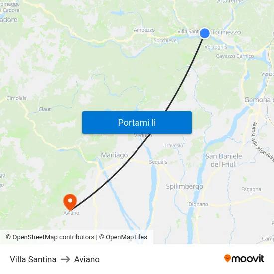 Villa Santina to Aviano map
