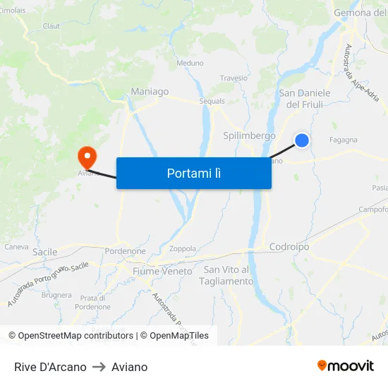 Rive D'Arcano to Aviano map