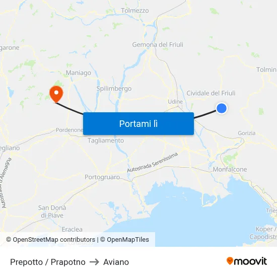 Prepotto / Prapotno to Aviano map