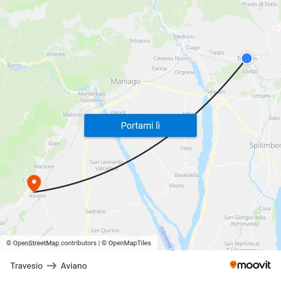 Travesio to Aviano map