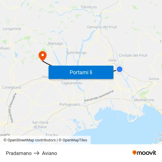 Pradamano to Aviano map