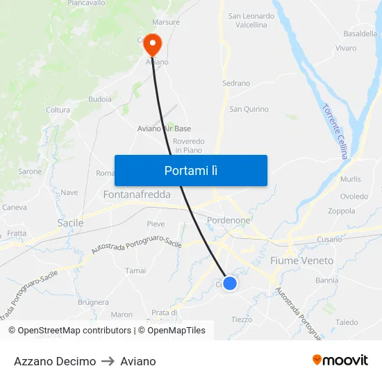 Azzano Decimo to Aviano map
