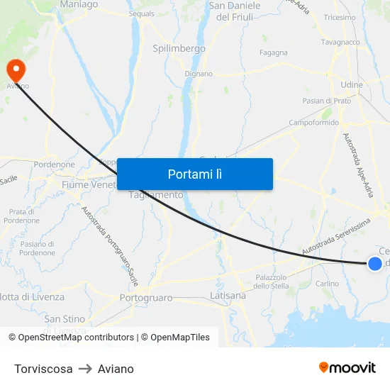 Torviscosa to Aviano map
