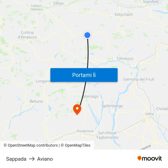 Sappada to Aviano map