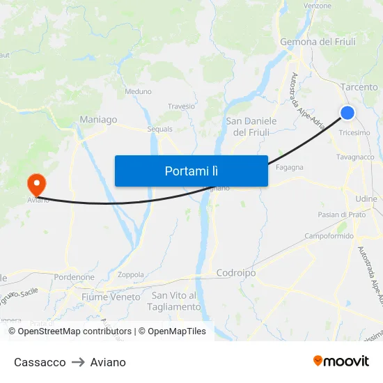 Cassacco to Aviano map
