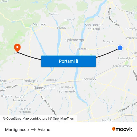 Martignacco to Aviano map