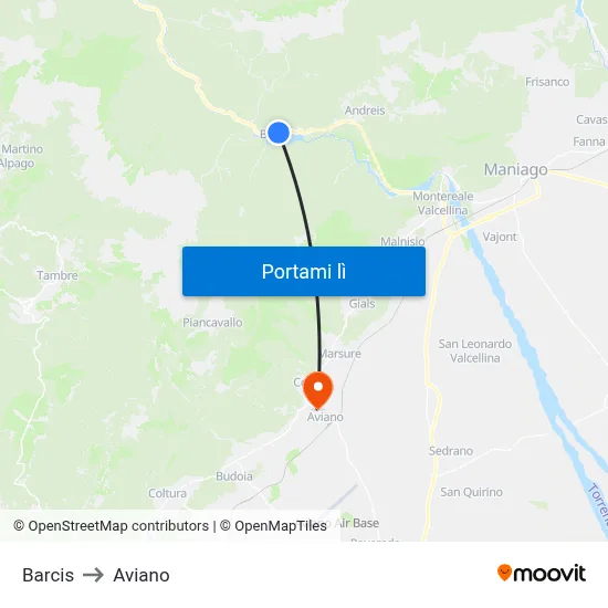 Barcis to Aviano map