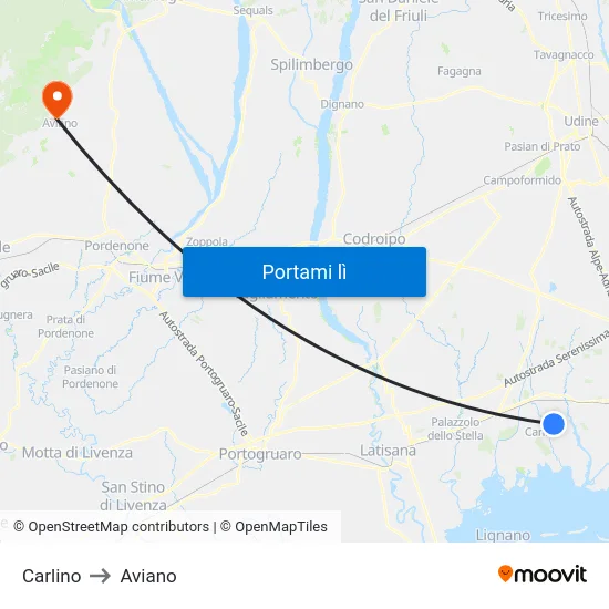 Carlino to Aviano map