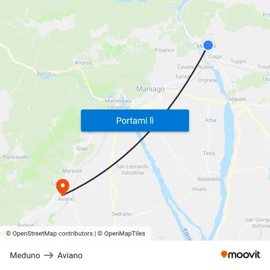 Meduno to Aviano map